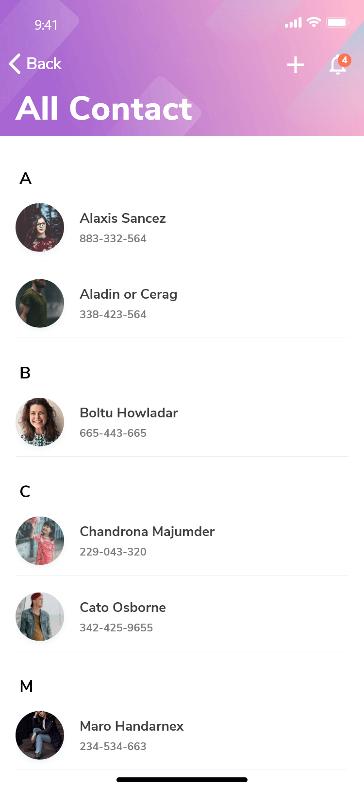 All Contacts List Screen